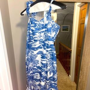 Blue & white printed midi slit dress.